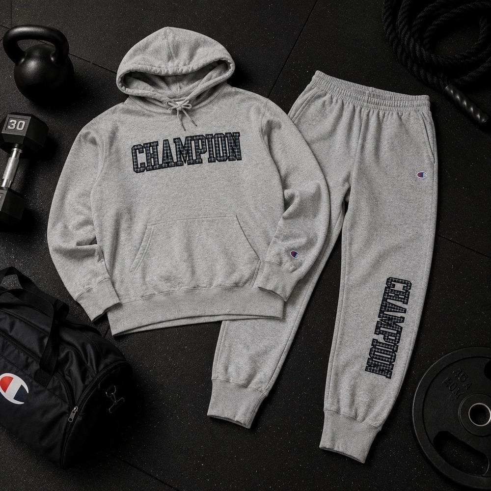 Champion Matching Sweatsuit Mens M‎ Gray Fleece Hoodie Jogger Set Logo Athletic